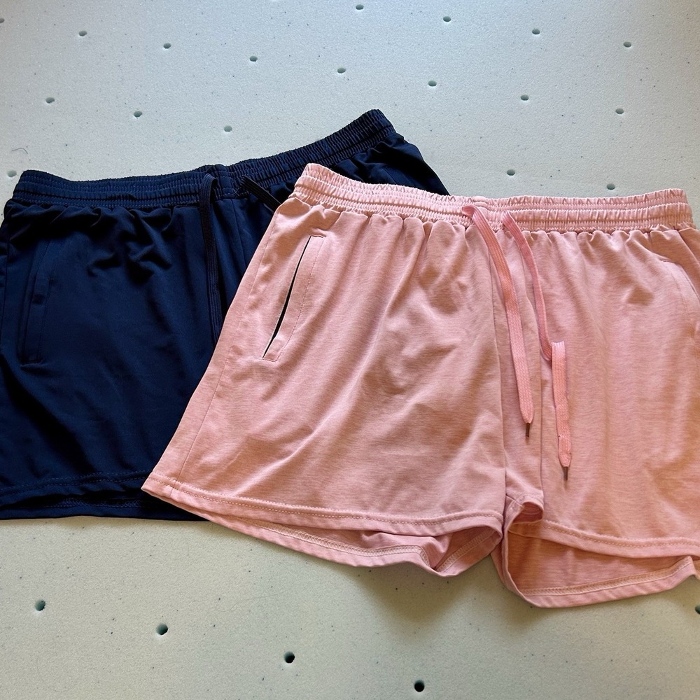 2 Pc Lot Womens Shorts Athletic Sz M Running Zipper Pockets Stretch Pink Blue